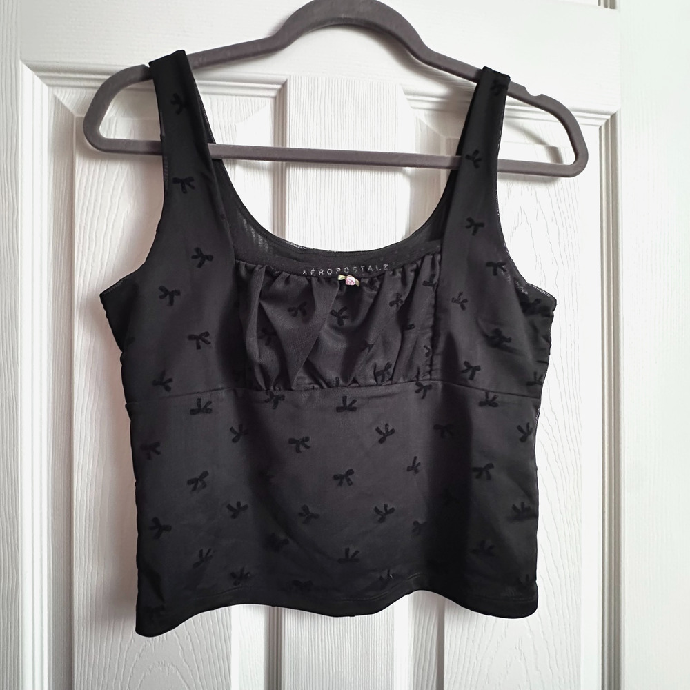 Black Aeropostale Womens MED Babydoll Flocked Bow Mesh Crop Ruched Tank Coquette